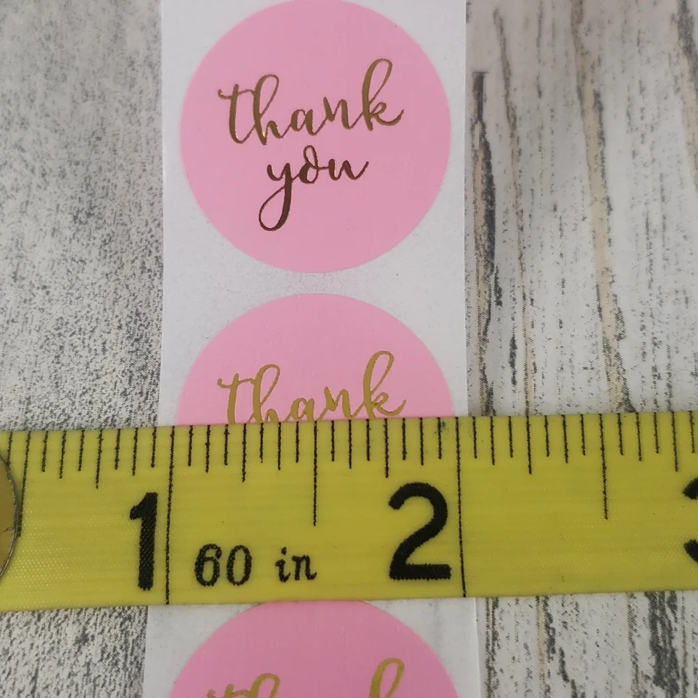 1 roll of 500 Thank You stickers pink with gold foil lettering